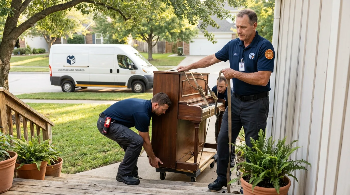Licensed piano movers securing grand piano in San Carlos, CA