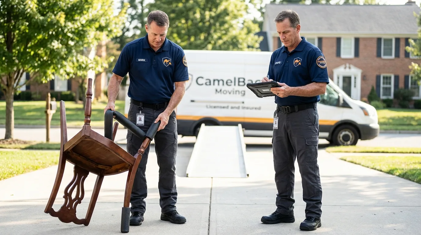 Movers inspecting furniture for damage prevention before loading in San Carlos, CA