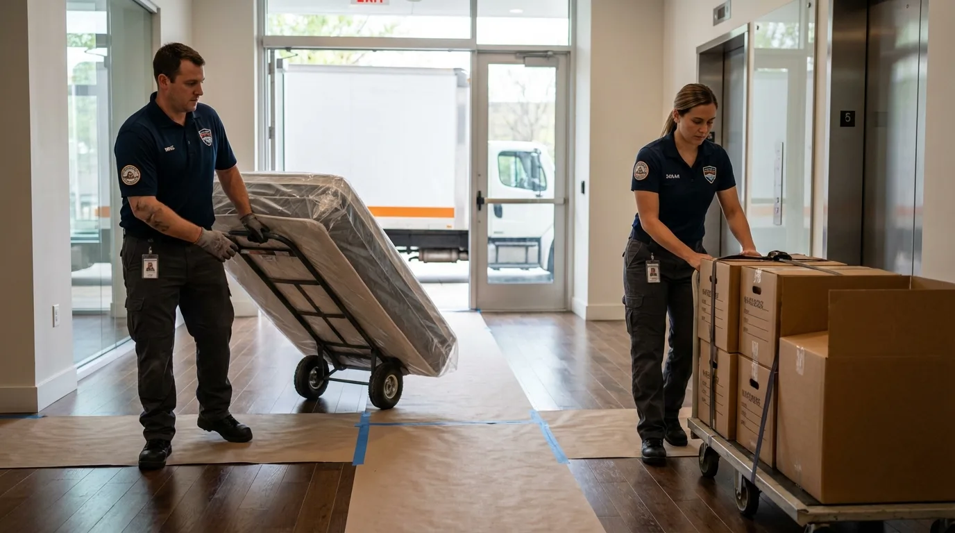 Professional apartment movers loading elevator in San Carlos, CA